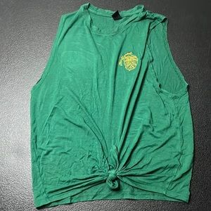 IT’S All Good sleeveless tee - green, monstera, yellow, tie front, embroidered